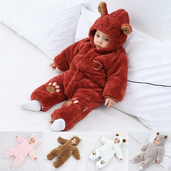 Letdown Baby Sherpa Outfit Girls Boys Winter Clothes Hooded Romper Snowsuit Clothes Button Down Bunting Suit with Elastic (Red,0-3 Months)