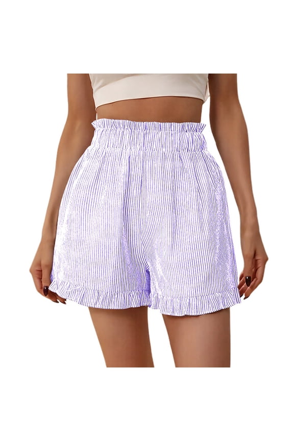 No-Boundaries Style Striped Shorts Women Summer Comfy Lounge Boxer Shorts Ruffle Elastic Waist Sleepwear Bottom Beach Short