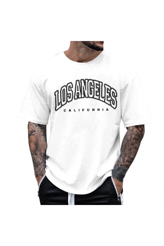 Oversized Graphic T Shirts for Men Los Angeles Vintage Tees Streetwear Baggy Shirts Casual Tops (White,M)