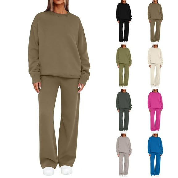 Letdown Oversized Lounge Sets for Women 2 Piece Fall Winter Outfits Wide Leg Pant Matching Sets Solid Pullover Sweatshirt Clothing (Army Green, L)