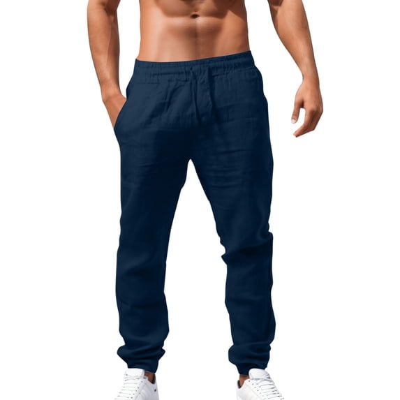 Letdown Plus Size Men's Casual Linen Pants Summer Fall Cotton Lightweight Pants Loose Fit Drawstring with Pockets (Navy, XL)