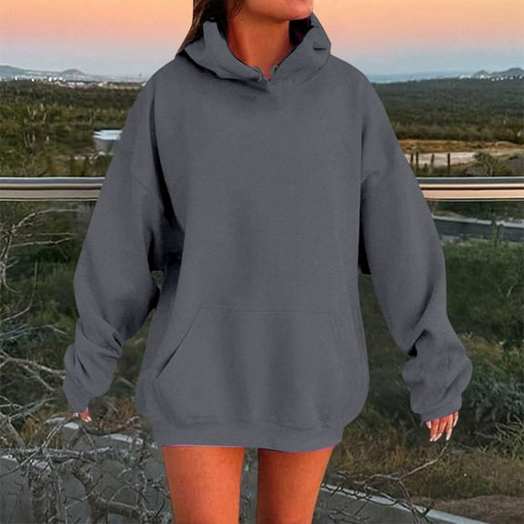 Letdown Plus Size Womens Fall Lightweight Pullover Hoodies Sweatshirts Comfy Loose Long Sleeve Sweatshirt Solid Tops with Pockets (GY1, XS)