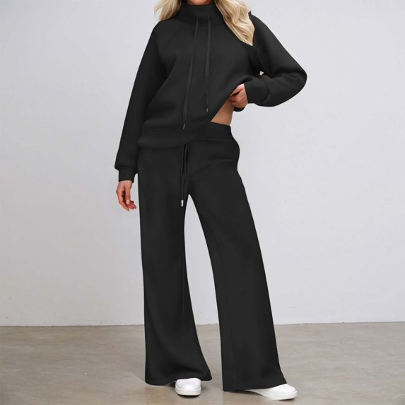 Letdown Plus Size Womens Lounge Set 2 Piece Outfits Oversized Pajama Set Long Sleeve Turtleneck Sweatshirt and Wide Leg Joggers with Pockets (Black,L)