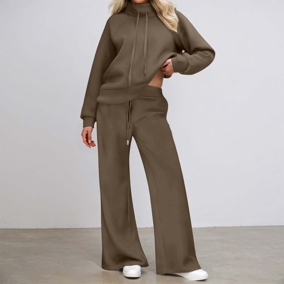 Letdown Plus Size Womens Lounge Set 2 Piece Outfits Oversized Pajama Set Long Sleeve Turtleneck Sweatshirt and Wide Leg Joggers with Pockets (Brown,XXL)