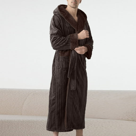 Letdown Robe for Men Hooded Jacquard Robe, Plush Robes for Men Long Bathrobe Long Nightgown with Pockets Plush Sleepwear Lounge Sets (#03-Coffee,L)