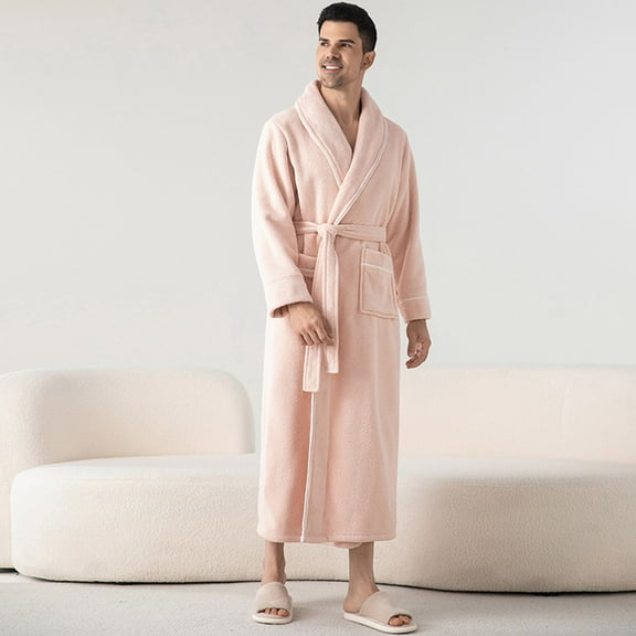 Letdown Robe for Men Thick Plush Cloth Housecoat Terry Toweling, Sweat Steaming Clothes Comfortable & Warm, Fluffy Bathrobe with Belt & 2 Pockets Fluffy Sweater Soft Holiday Sleepwear (#07-Pink,L)