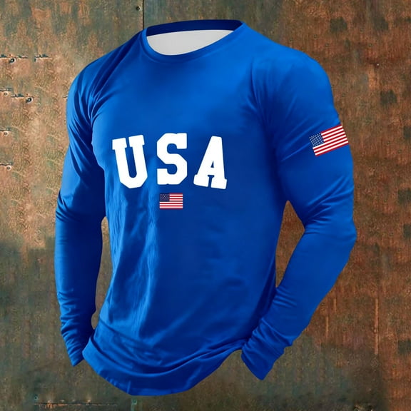 Letdown Round Neck Letter Tees for Men Spring Fall Long Sleeve T-Shirt Basis Classic Tops Blouse Pullover T-Shirt Celebrations (01-Blue, XL)