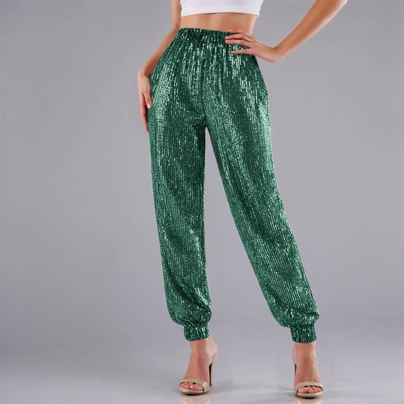 Letdown Sequin Glitter High Waist Jogger Pants for Women, Sparkly Party Trouser Bling Leggings, Holiday Party Disco Outfits (Green,S)