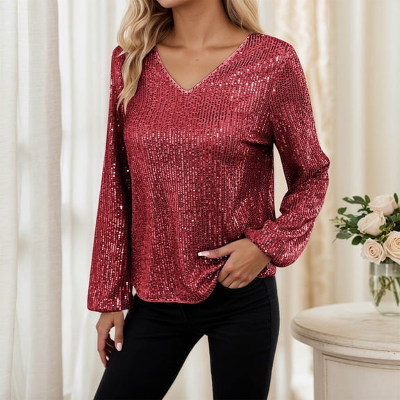 Letdown Sequins Long Sleeved Tops for Women Oversized V Neck T Shirts Glitter Evening Party Concert Shirt Blouse (RD2,L