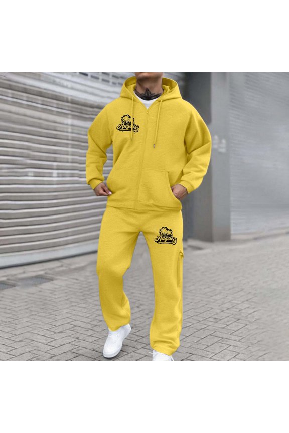 Solid Track Suits for Men Set Athletic Sweatsuit Full Zip Jogging Long Sleeve Casual Sports Outfits Athletic Jogging Fall Winter Tracksuit (Yellow, M)