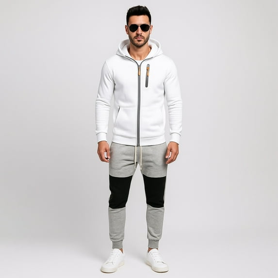 Letdown Solid Track Suits for Men Set Long Sleeve Full Zip Jackets Casual Sports Outfits Casual Running Jogging Sport Suit Sets (White, L)