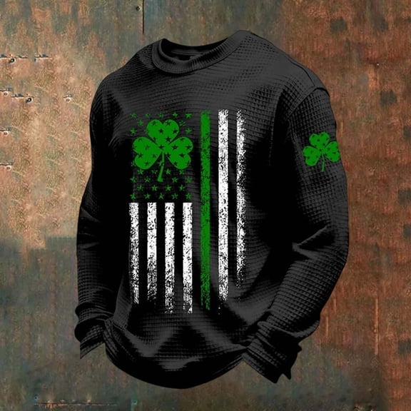 Letdown St Patrick's Mens Crew Neck T-Shirt Waffle Long Sleeve Shirts Casual Crew Neck Tee Stylish Shirts (#03-Black,S)