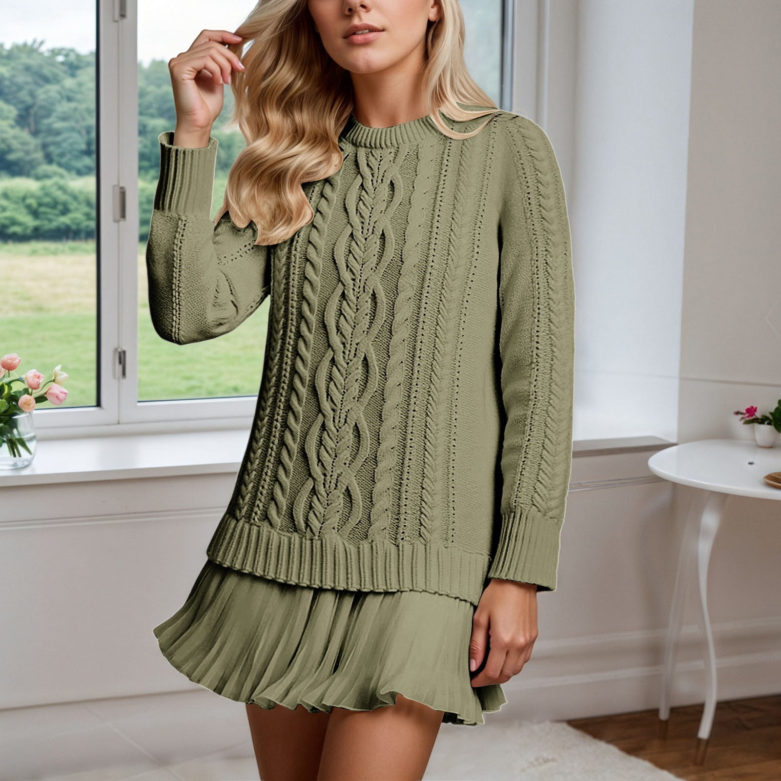 Letdown Sweater Dresses For Women 2025 Cable Knit Sweater Dress Crewneck  Long Sleeve Pleated Mini Dress Twofer Style Patchwork Dress Green, M -  Walmart.com