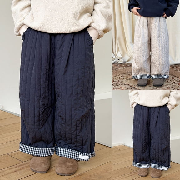 Letdown Toddler Boys Girls Plaid Lined Winter Pants Thickened Warm Loose Fit Trousers Elastic Waist Wide Straight Leg Pants Casual Bottom (Navy,12-18 Months)