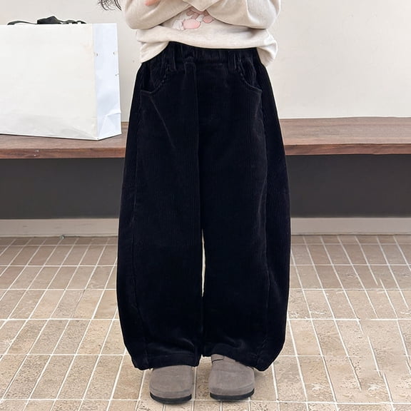 Letdown Toddler Casual Corduroy Pants Wide Leg Baggy Sweatpants Straight Elastic Waist Trousers with Pockets (Black,4-5 Years)
