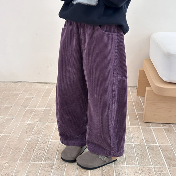 Letdown Toddler Casual Corduroy Pants Wide Leg Baggy Sweatpants Straight Elastic Waist Trousers with Pockets (Purple,11-13 Years)
