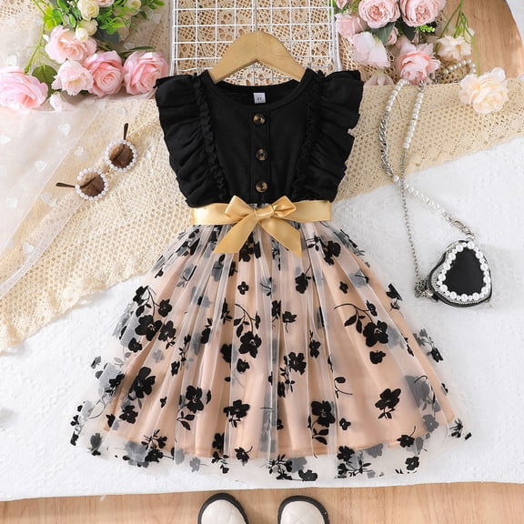 Letdown Toddler Girl Mesh Tulle Dress Summer Ruffle Sleeveless Baby Girl Fashion Casual Dresses with Lace-Up Belt (Black,3-4 Years)