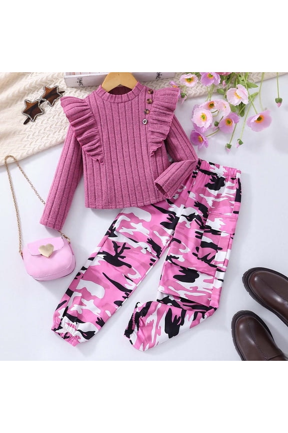 Tween Girls Clothes Ribbed Knit Long Sleeve Shirt Top + Baggy Camo Cargo Pants 2 PCS Tracksuits Spring Fall Sweatsuits Sets (Hot Pink,4-5 Years)