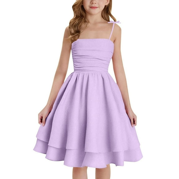 Letdown Tween Girls Summer Dress Spaghetti Strap Square Neck Double Layer Holiday Dress Casual Party Dresses