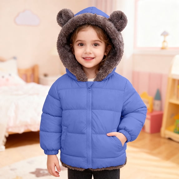Letdown Unisex Jacket with Puffer, Thicken Hooded Warm Puffer Jackets Outwear, Long Sleeve Elastic Solid Winter Warm Clothes with Pockets (Blue, 2-3 Years)