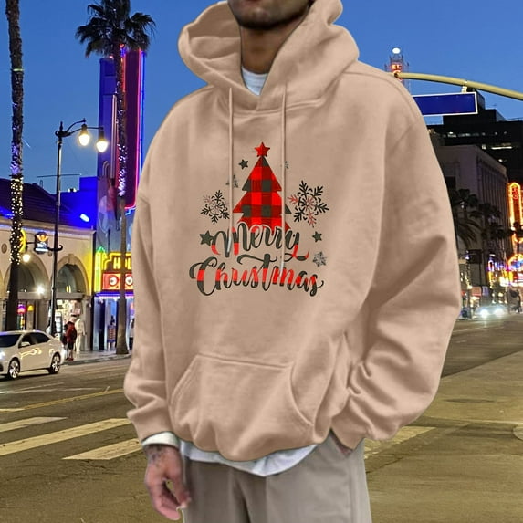 Letdown Vintage Merry Christmas Fashioned Christmas Sweatshirt for Men, Novelty Graphic Sweatshirts Hoodie Drawstring Pullover Hoodie with Pocket Funny Holiday Hooded Sweatshirt (Khaki-01,S)