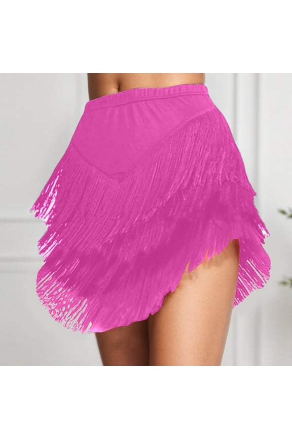Women 3 Tiered Tassel Latin Dance Skirt Irregular Hem Length Fringe for Salsa Tango Rumba Dancewear Ballroom Holiday Bottom (Watermelon Red,XXXL)