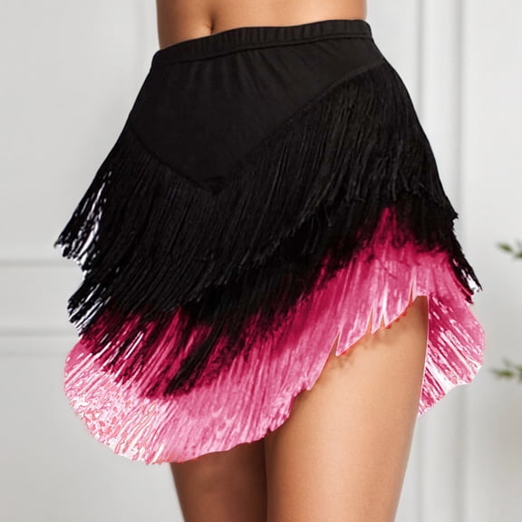 Letdown Women 3 Tiered Tassel Latin Dance Skirt Irregular Hem Length Fringe for Salsa Tango Rumba Dancewear Ballroom Holiday Bottom (Hot Pink-1,XXXL)