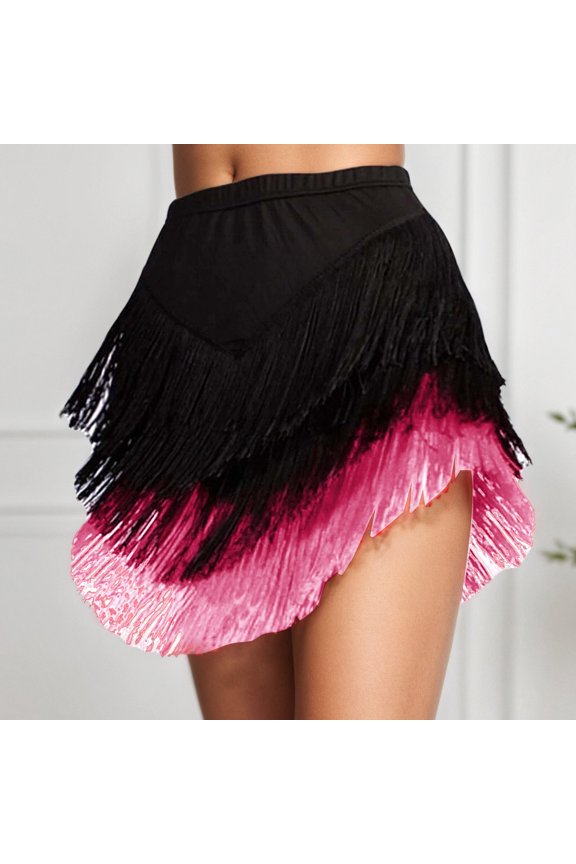 Women 3 Tiered Tassel Latin Dance Skirt Irregular Hem Length Fringe for Salsa Tango Rumba Dancewear Ballroom Holiday Bottom (Hot Pink-1,XXXL)