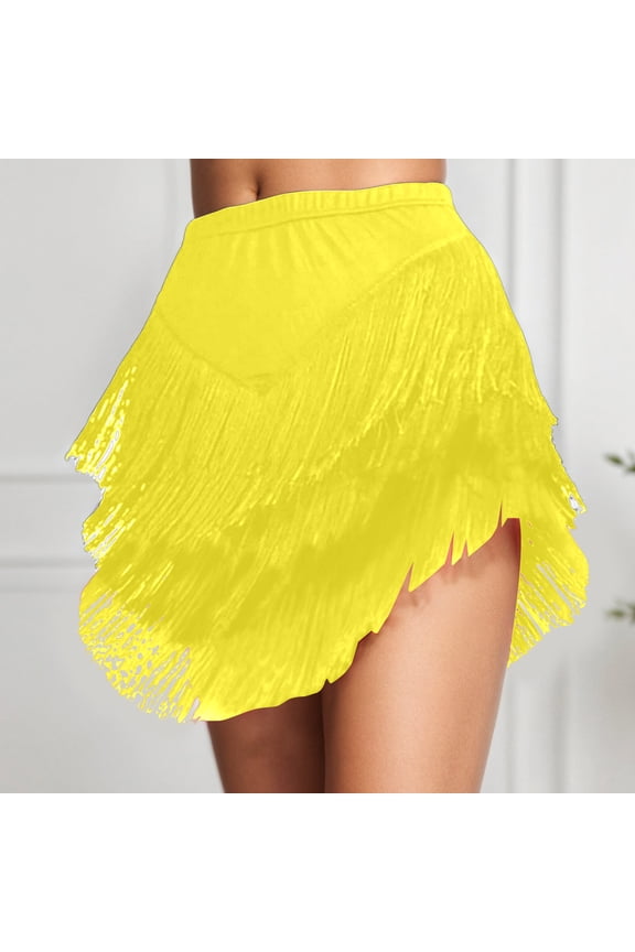 Women 3 Tiered Tassel Latin Dance Skirt Irregular Hem Length Fringe for Salsa Tango Rumba Dancewear Ballroom Holiday Bottom (Yellow,L)