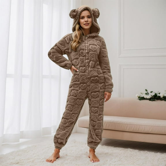 Letdown Women Bear One_sie Adult Pajamas One_Piece Cost_ume Long Sleeve Hooded Sleepwear Solid Zipper Up Jumpsuit (Coffee,L)
