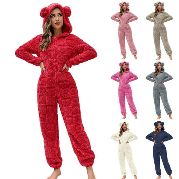 Letdown Women Bear One_sie Adult Pajamas One_Piece Cost_ume Long Sleeve Hooded Sleepwear Solid Zipper Up Jumpsuit (RD2,XL)