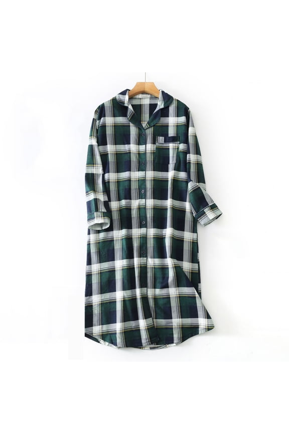 Women Plaid Bathrobe Long Sleeve Soft Flannel Lounge Robe Cute Fall Buttons Robe Lightweight Warm Gown Shirts Home Sleeping Dress (Green, M)
