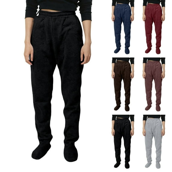 Letdown Women Footed Pants Winter Warm Footies Loungewear Bottom with Pockets Elastic Waist Thermal Pajamas Pant (Black,L)