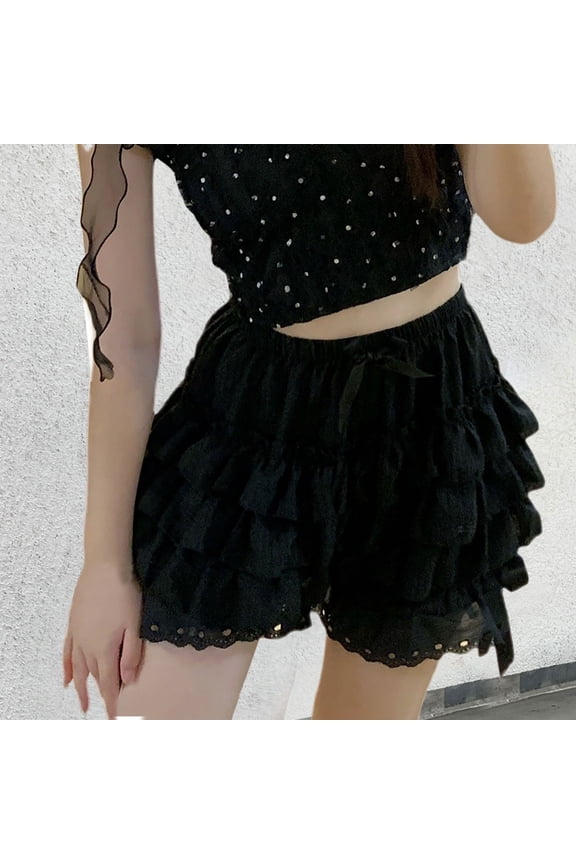 Women Lace Hollow Out Crochet Knit Shorts Ruffled Layered Pleated Tiered Summer Fall Beach Music Festival Shorts (Black, XXL)