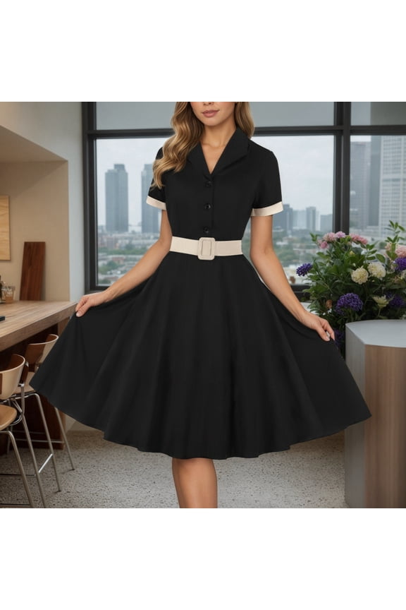 Women Notch Lapel Vintage V-Neck Swing Dress 50s 60s Button up 1950s Rockabilly Prom Midi Evening Solid Dress for Spring Fall (Black, M)