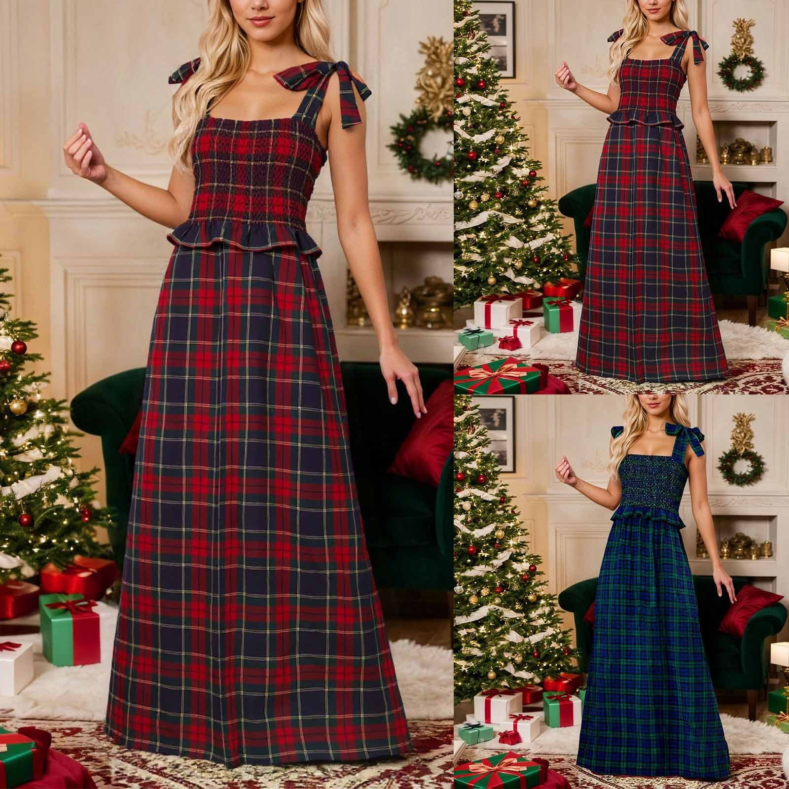 Letdown Women Plaid Maxi Dress Casual Square Neck Lace-Up Sleeveless Flowy Dress Christmas Checkered Backless Ruffle Long Dresses (Red,M)