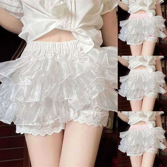 Letdown Women Ruffle Crochet Shorts Hollow Out Pleated Shorts Beach Cover Up Bottoms Layered Bottoms Pleated Tiered Bodycon Bloomer Shorts Slim Fit Summer Streetwear (White, S)