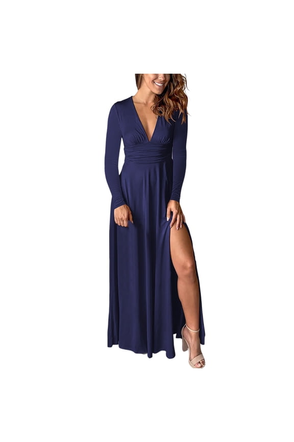 Women Summer Deep V Neck Short Sleeve Dresses Slit Elegant Wedding Guest Formal Evening Maxi Long Dress