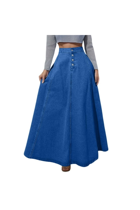 Women Vintage Denim Maxi Skirt Long Flowy Skirts A-line High-Waisted Denim Maxi Skirt with 4 Button Placket Jean Skirt for Women