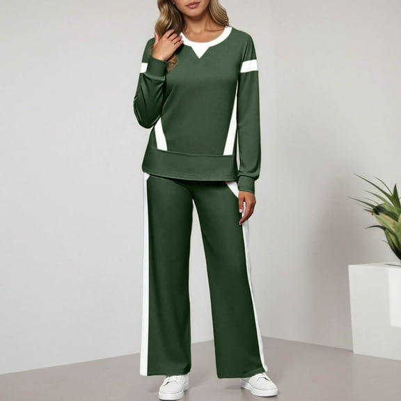 Letdown Women's 2 Piece Lounge Sets Crewneck Long Sleeve Pullover Sweatsuit Wide Leg Tracksuit Workout Outfits Fashion Wear (Green,XXL)