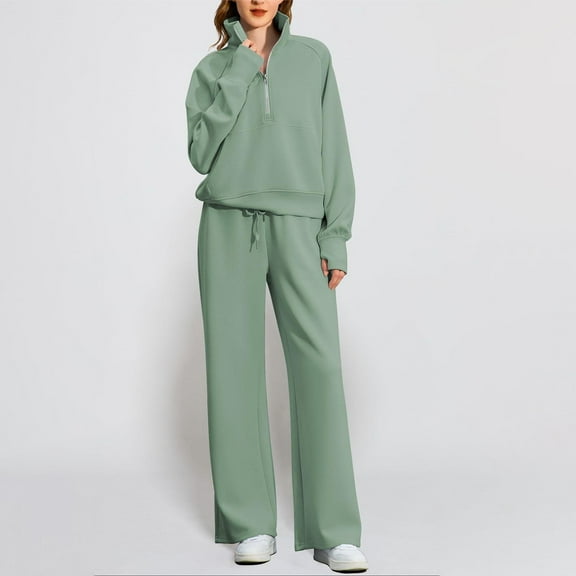 Letdown Women's 2 Piece Sets 1/4 Zipper Up Sweatshirt Casual Travel Outfits Lounge Wide Leg Tracksuit Cozy Sweatsuits Fashion 2025 (Green,XL)