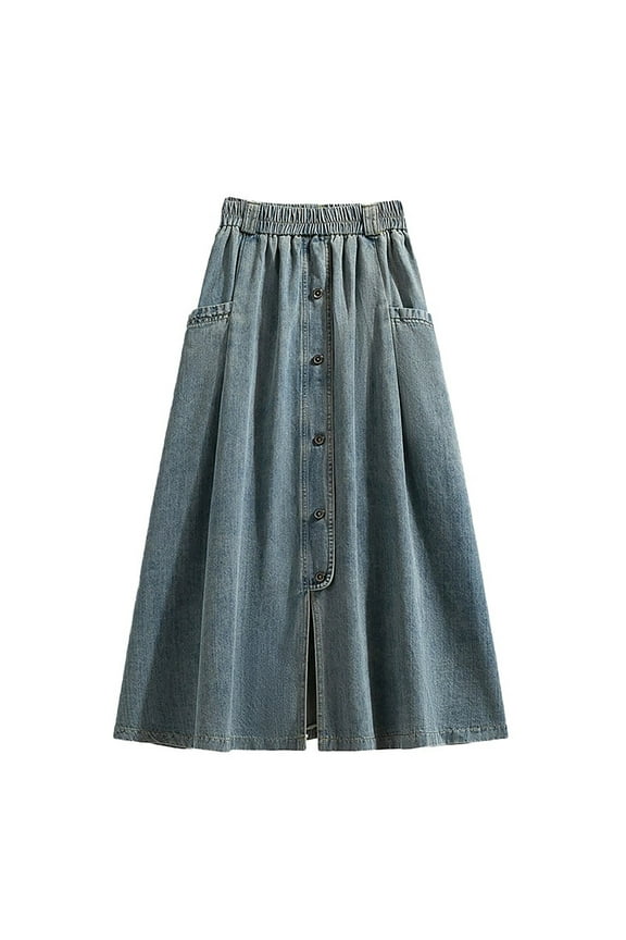Women's Casual Button Down Stretch High Waist A Line Jean Midi Long Denim Skirt with Pockets Regular-Fit Long Jean Skirt