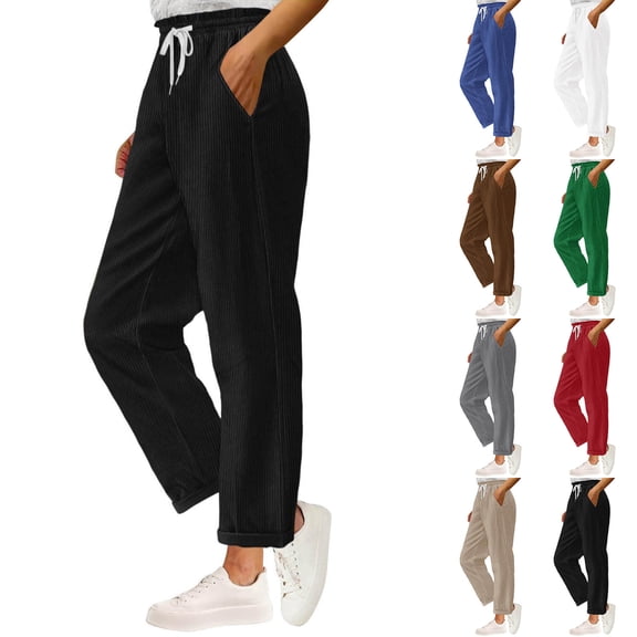 Letdown Women's Corduroy Pants Elastic Waist Drawstring Casual Straight Leg Lounge Trousers (Black,L)
