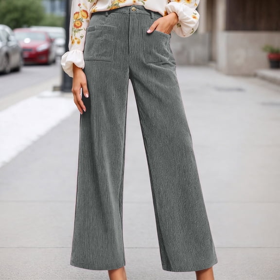 Letdown Women's Corduroy Wide Leg Dress Pants Stretch High Waisted Work Pants Business Casual Slacks with Pockets (Grey,XXL)