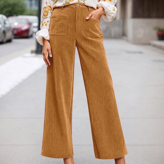 Letdown Women's Corduroy Wide Leg Pants - Ultra Soft Casual Relaxed Lounge Pants with Pockets Open Bottom Trousers Straight Sweatpants (Yellow,S)