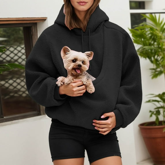 Letdown Women's Cozy Hooded Sweatshirt with Pet Pouch, Kangaroo Pocket Hoodie for Indoor Wear, Walking Small Dogs or Cats
