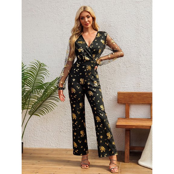 Letdown Women's Dressy Jumpsuit â Metallic Floral Lace V Neck Long Sleeve Wide-Leg One_Piece Outfit for Wedding Guest & Party (Black,XXL)