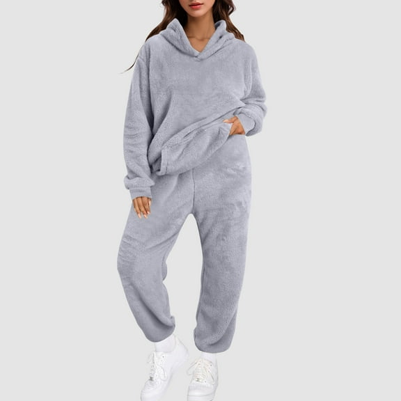 Letdown Women's Pajamas Set Flannel Winter Warm Fuzzy Sherpa Pjs Long Sleeve Cozy Sleepwear Comfy Lounge Sets Loose Plush 2 Piece Pjs Set #01-Grey Pajamas for Women Set,M