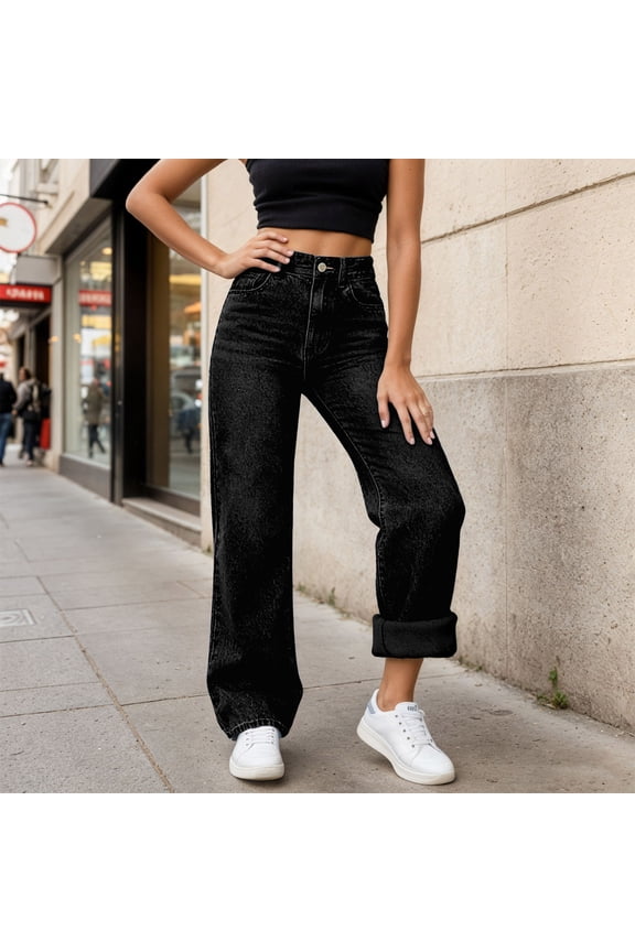 Women's High Waisted Lined Jeans, Loose Wide Leg Straight Denim Pants with Button Fly, Washed Winter Jeans, XSâ6XL (Black,XS)