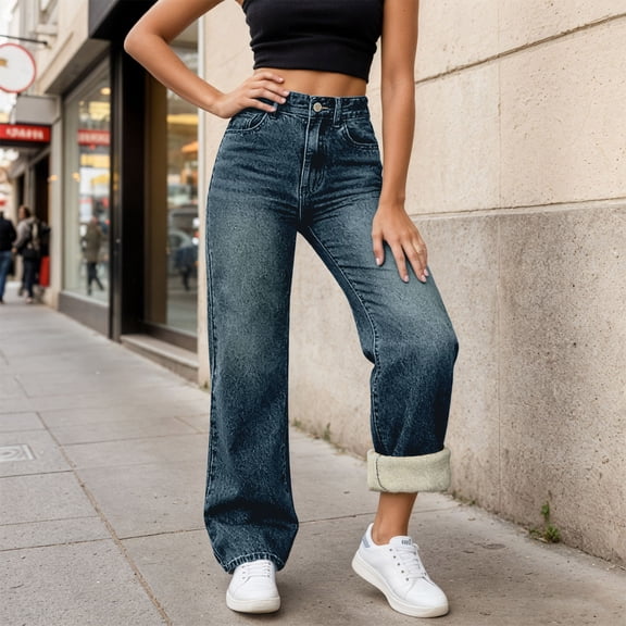 Letdown Women's High Waisted Lined Jeans, Loose Wide Leg Straight Denim Pants with Button Fly, Washed Winter Jeans, XS–6XL (Navy,L)